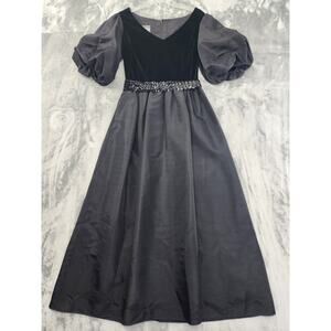 Vintage 60s Edith Flagg Dress Womens 10 Black Velvet Taffeta Puff Sleeve Sequin